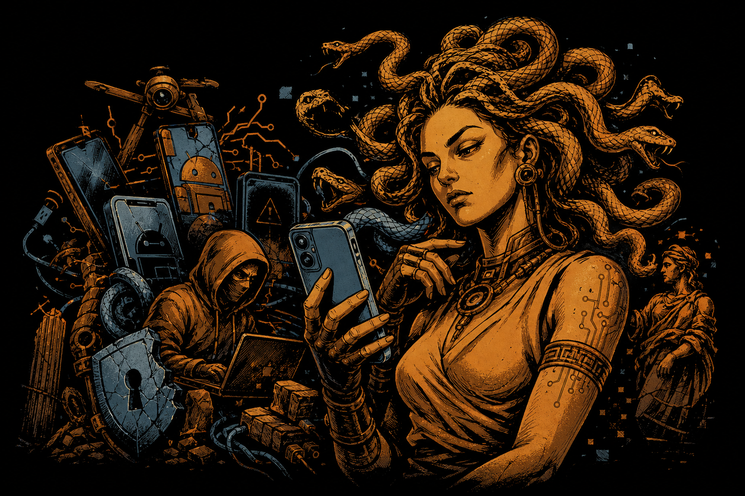 Hand-drawn Medusa-inspired security researcher with smartphones and mobile security motifs